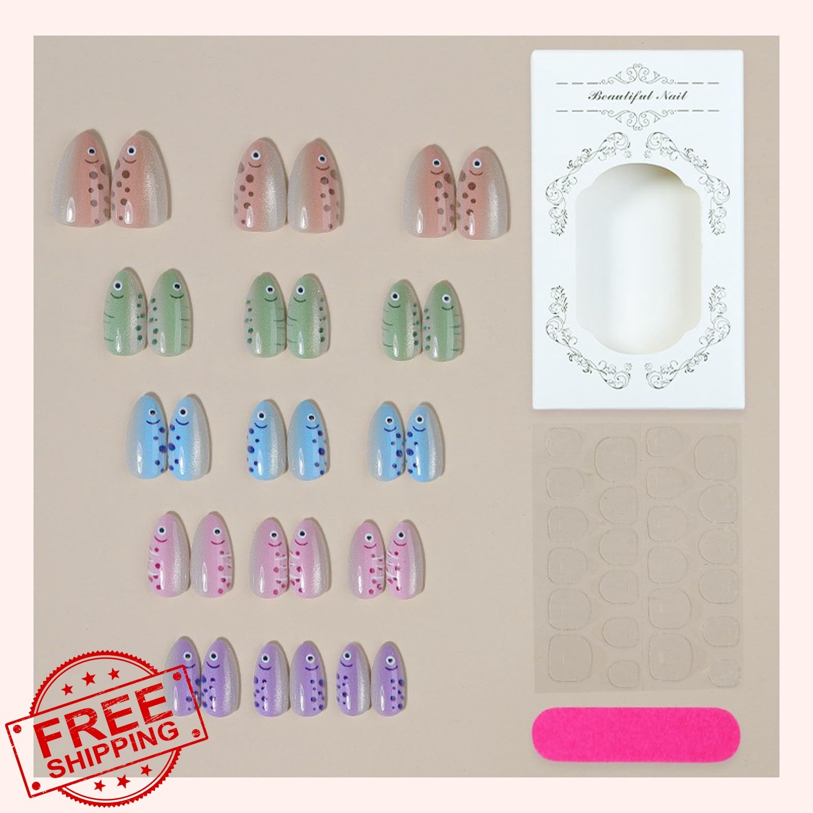 KASOICRA Medium XJXR25 Glitter Fish Press On Nails