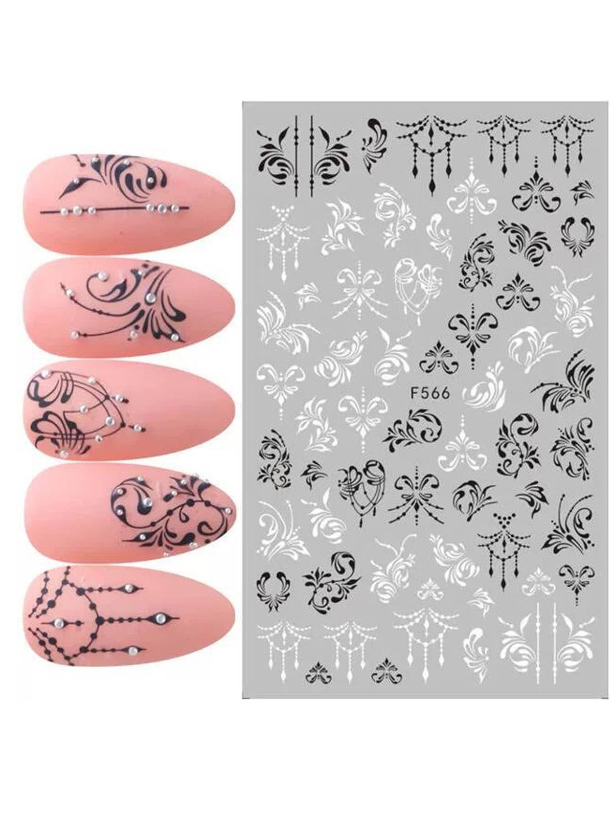 6Sheets Lace Flowers Nail Stickers Nail Decals White Black Lace Floral Nail