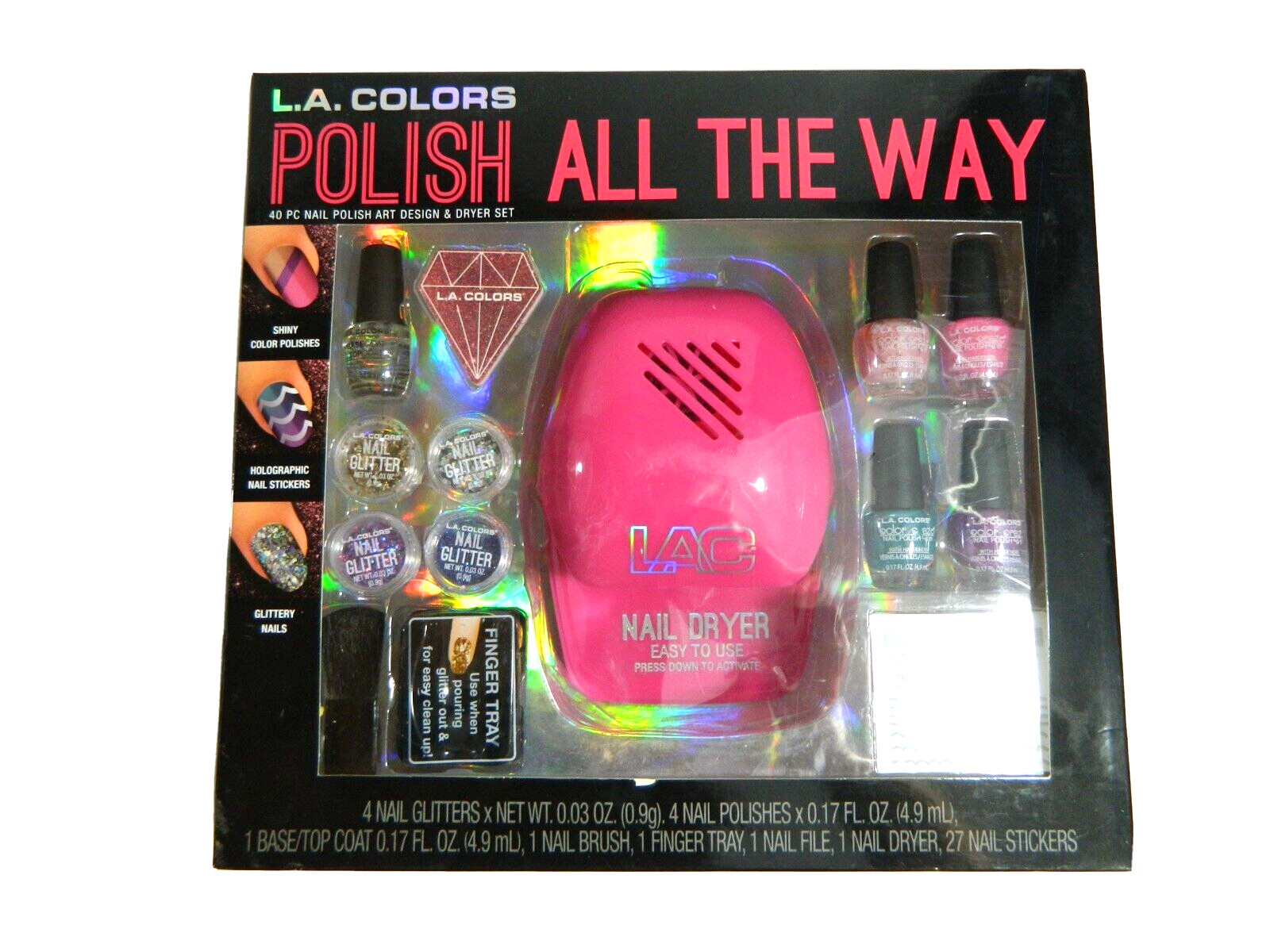 L.A. Colors Polish All The Way 40 Pc Nail Polish Art Design and Pink Dryer Set
