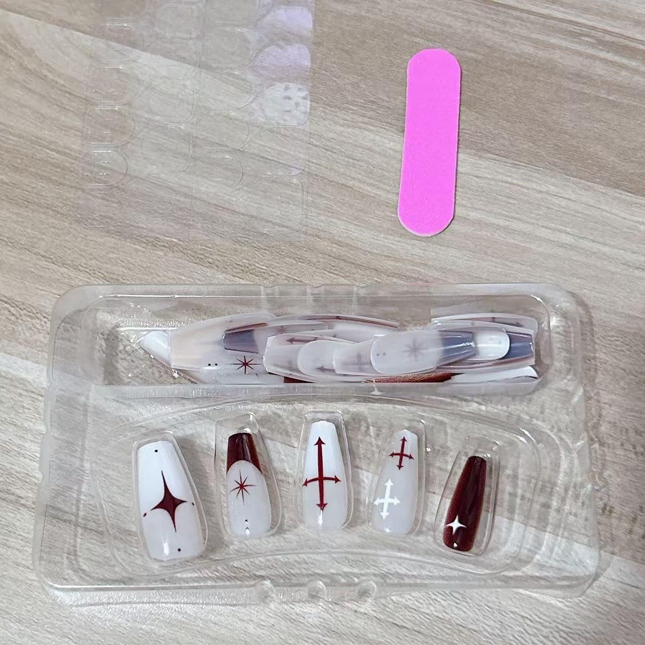 French Tip Press on Nails Dark Red Cross Stars Design Medium Gradient for Glo…