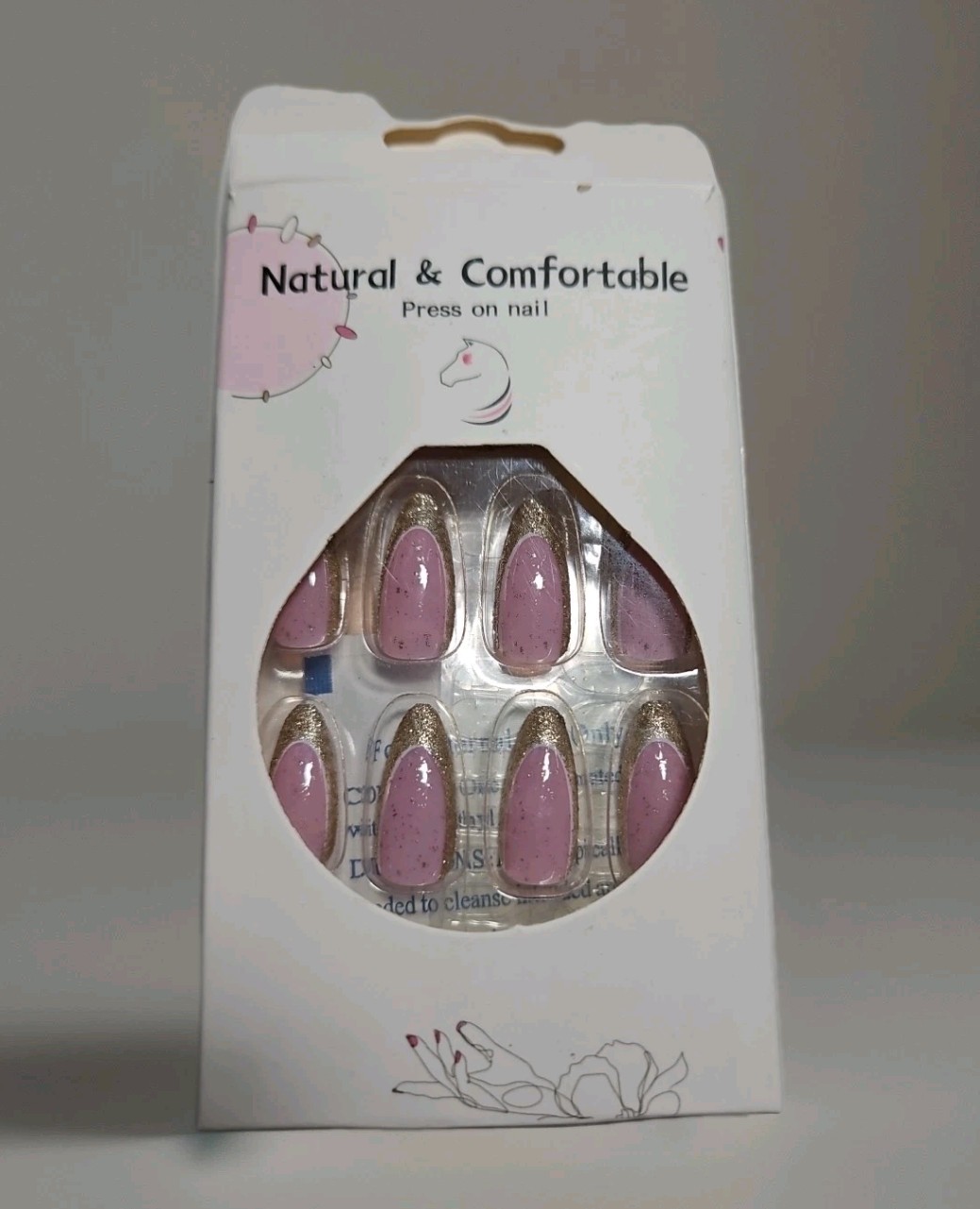 Natural & Comfortabl 24pcs Long Almond French Gold & Pink Glitter Romantic Nails