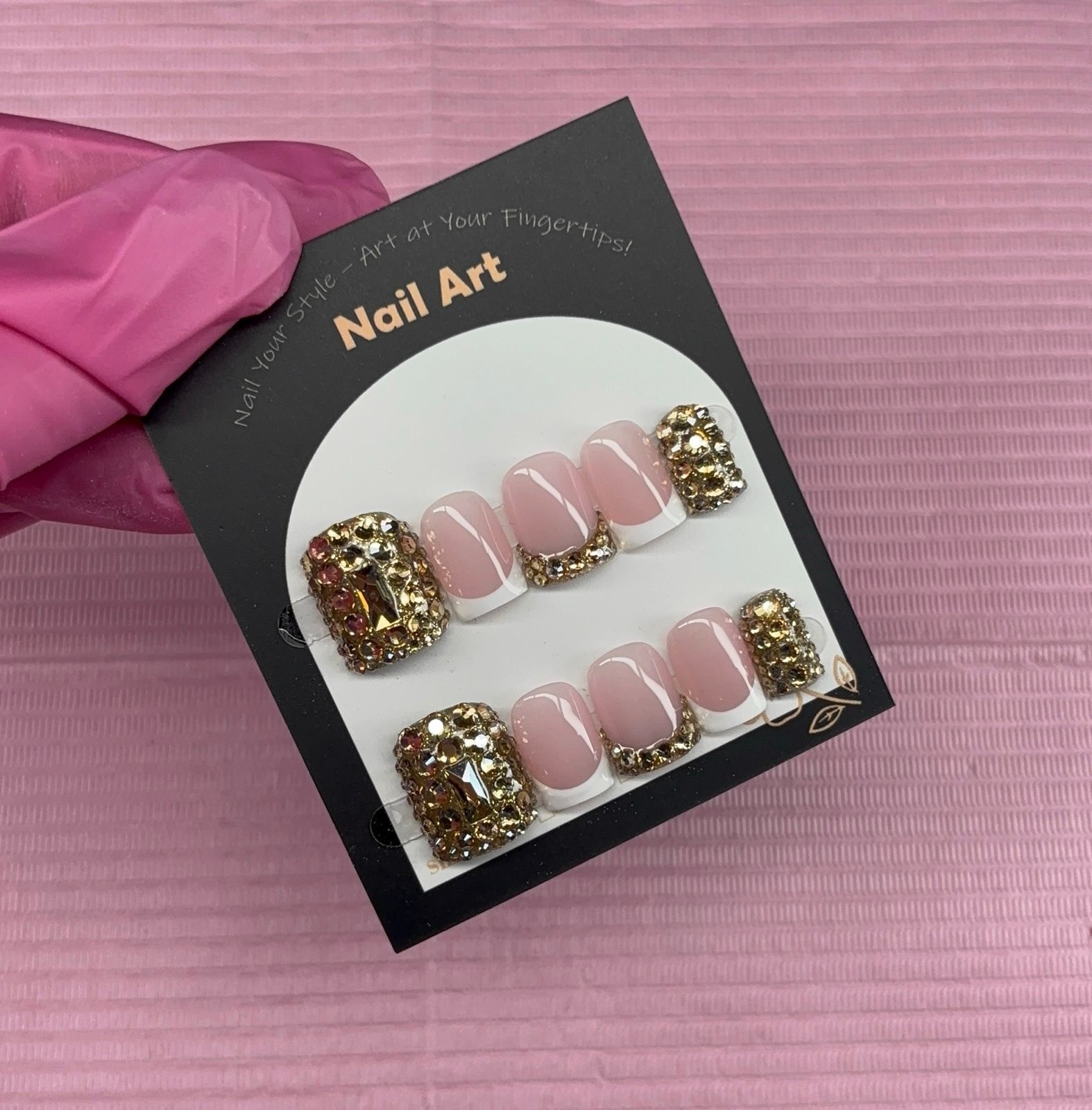 Extra Short square press on nails gold rhinestones white