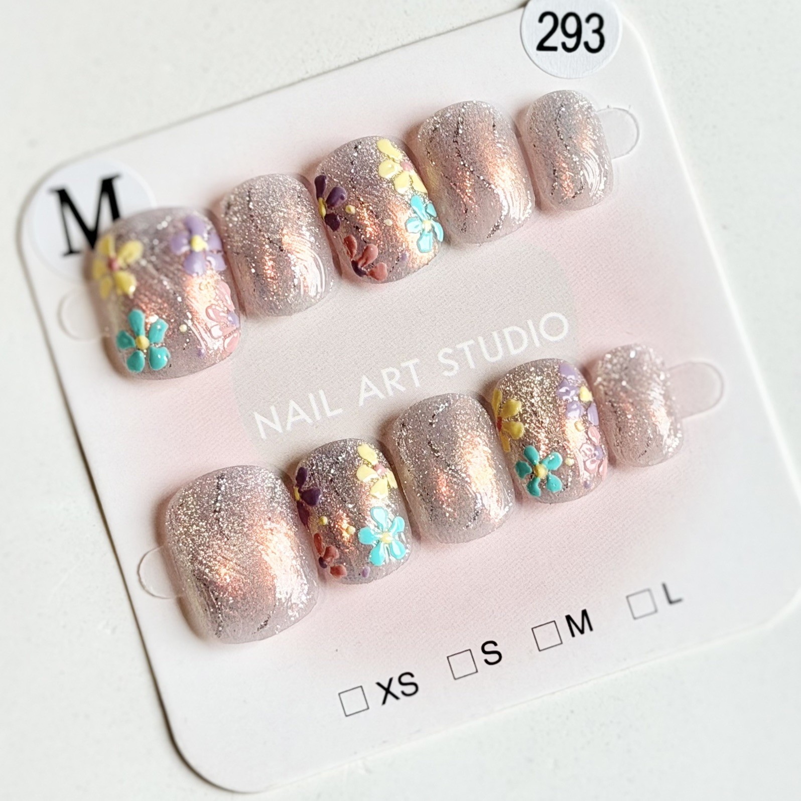 Handmade Aurora Flower Press-On Nails Size M Short Squoval Reusable Fake Nails