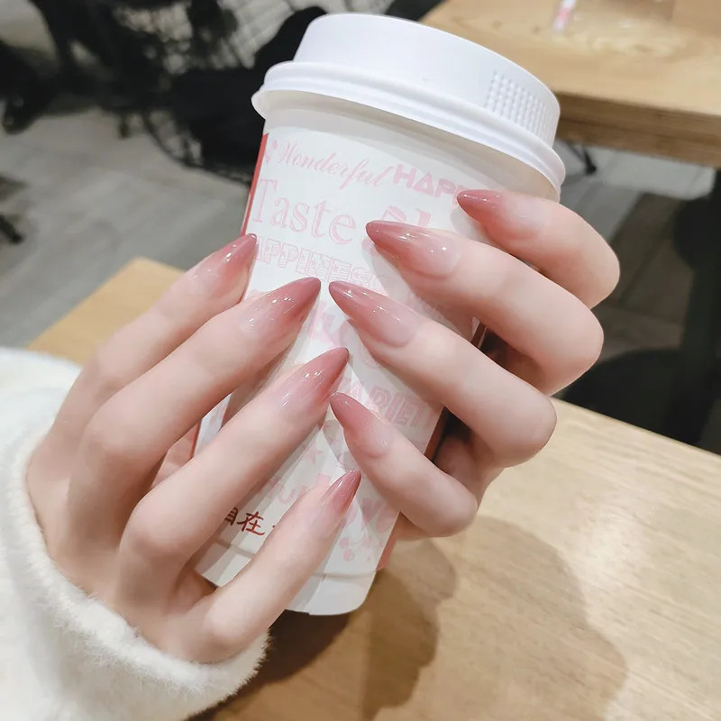 Sweet Gradient Pink Fake Nails Round Head Korean Style Press On Nails 24pcs