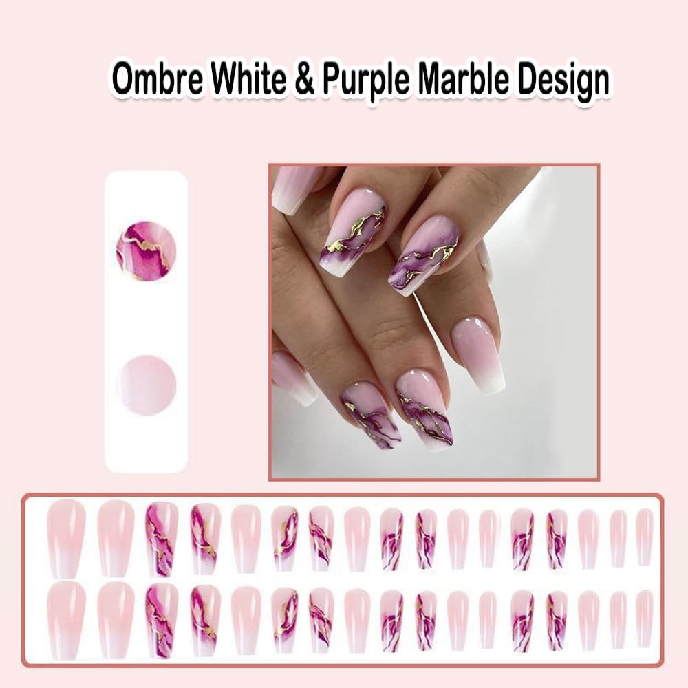 Marble Press on Nails Coffin Short Medium Ombre White Purple Fake Nail with G…