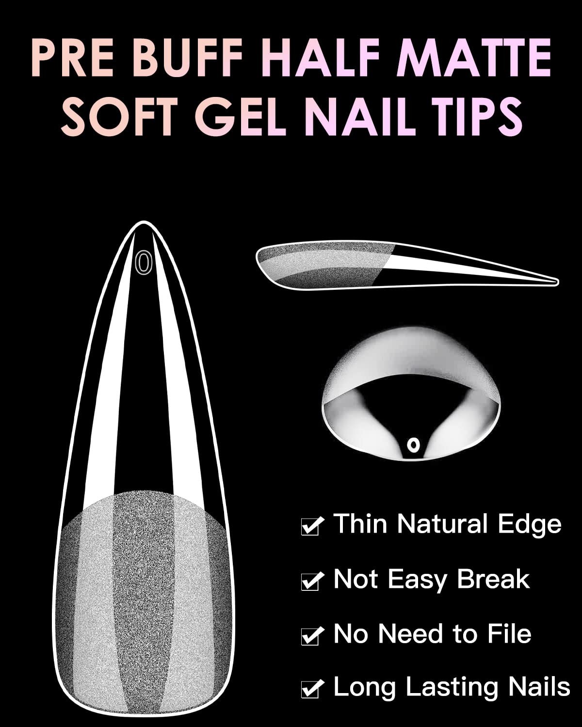 Soft Gel Long Stiletto Tips 120PCS Pre Buff Full Cover Extension Tips Half Matte