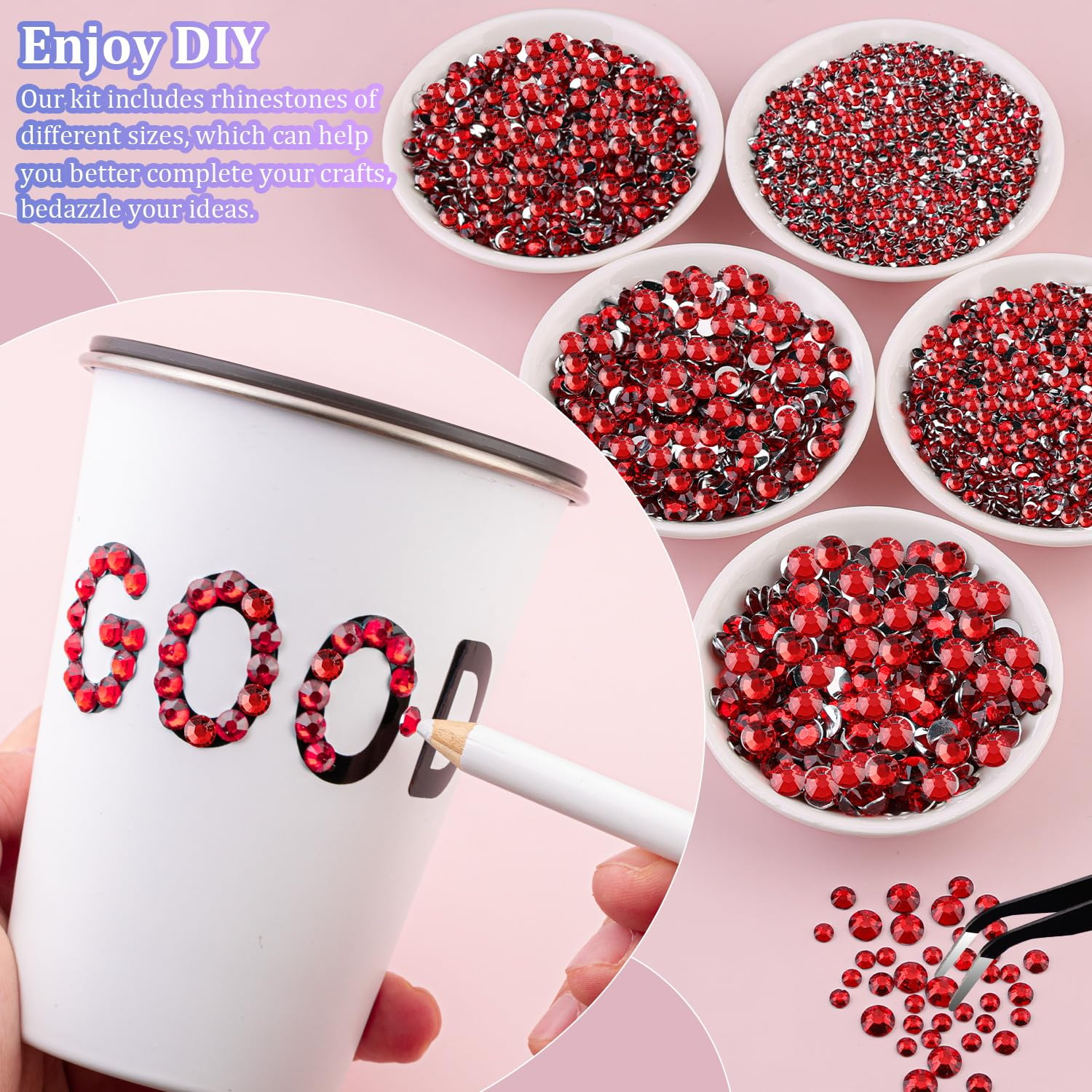32000Pcs Resin Rhinestones with Tweezers for Crafting, Red Flatback Gems, Bedazz