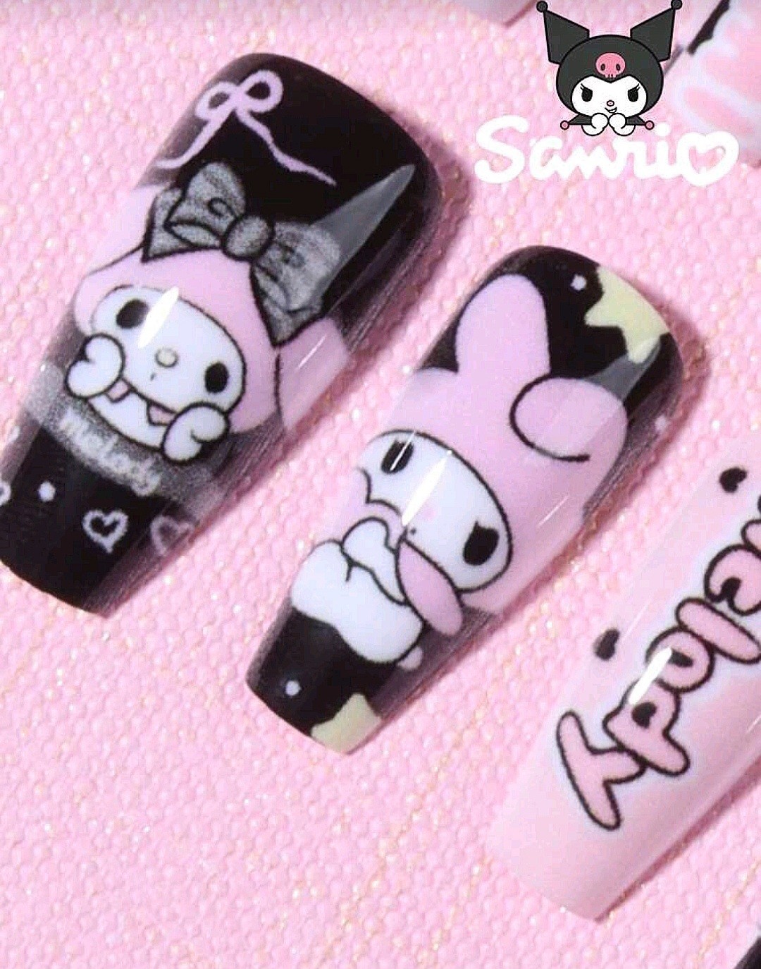 Press-On Nails SANRIO Black, Pink, & Lavender Kuromi & Melody Coffin Long Shiny