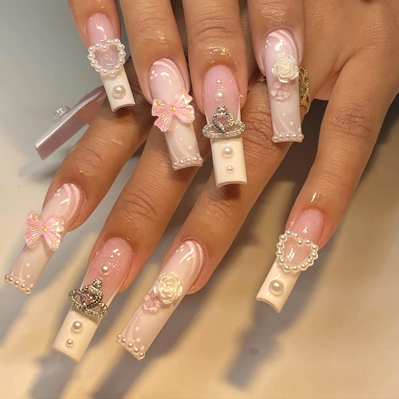 Pink White French Tip Press On Nails, 3D Flower Bow Rhinestone Glitter Design