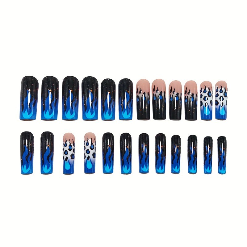 48Pcs-Neon Blue Flame Press on Nails Glossy Long Coffin Nail Art Set for Women