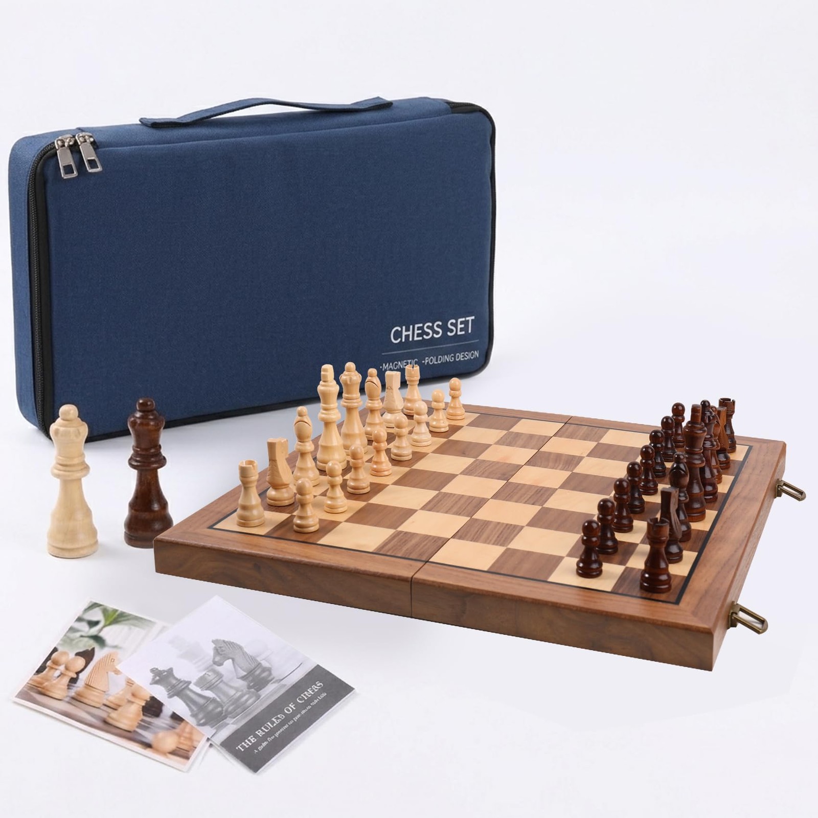 Ajedrez Magnetic Wooden Chess Set, 15″ Walnut Folding 15 inches, Blue