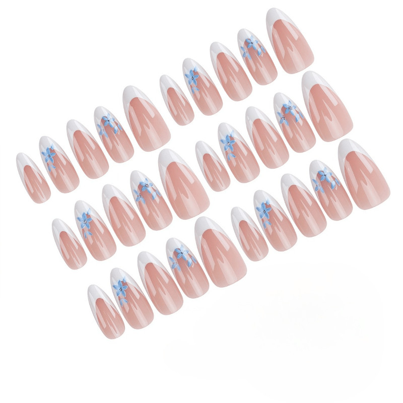 60pcs Medium Almond Press On Nails, Nude Pink Base With White French Tip