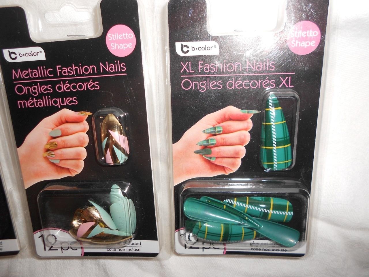 Lot 3 12pk B-Color XL Green Plaid, Iridescent & Gold Pink &Teal Fashion Nail NEW