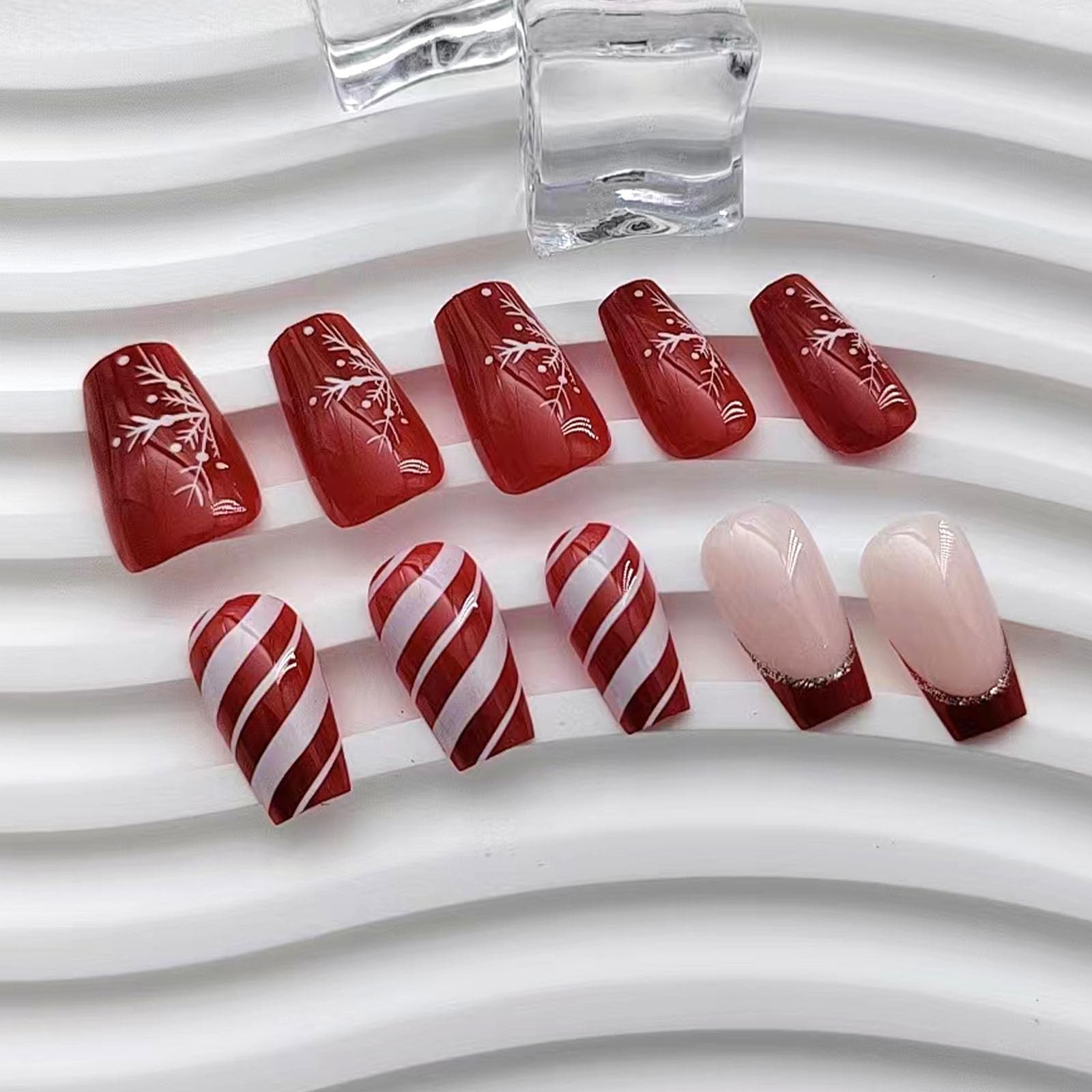 Christmas Coffin Press on Nails Short Red French Tip Fake Snowflake and Strip…