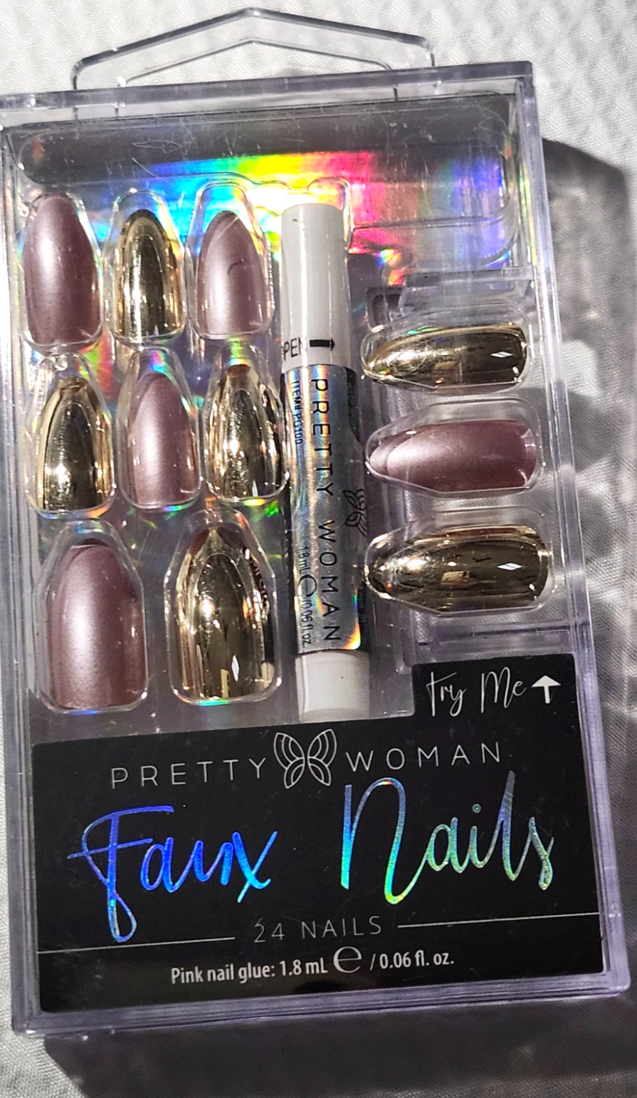 Lot of 2 Pretty Woman Faux Nails Metallic Rose Gold & Chrome Glue On Press On 24