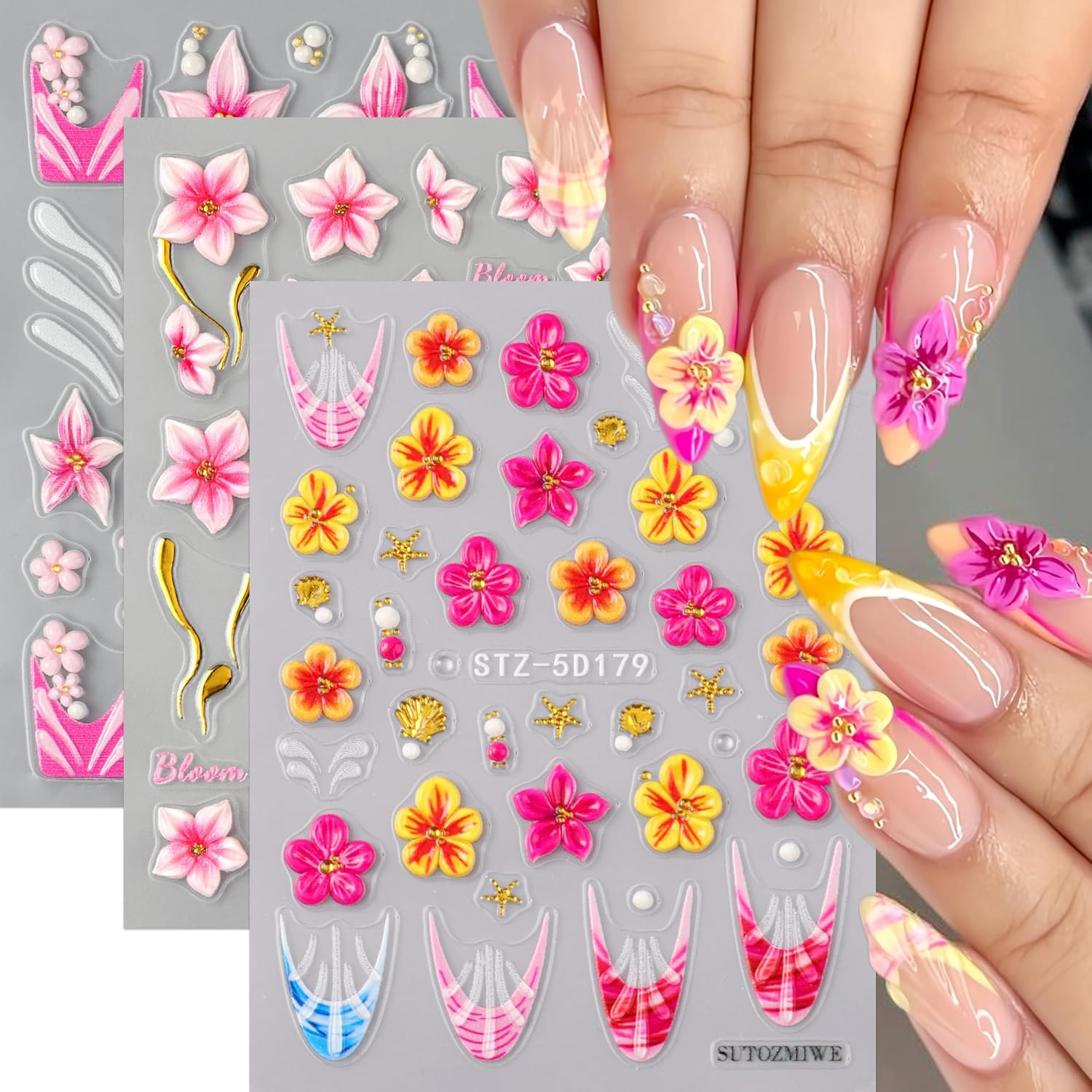 8 Sheets Gold Star Nail Art Stickers Decals 3D Self Adhesive Laser Golden Star N