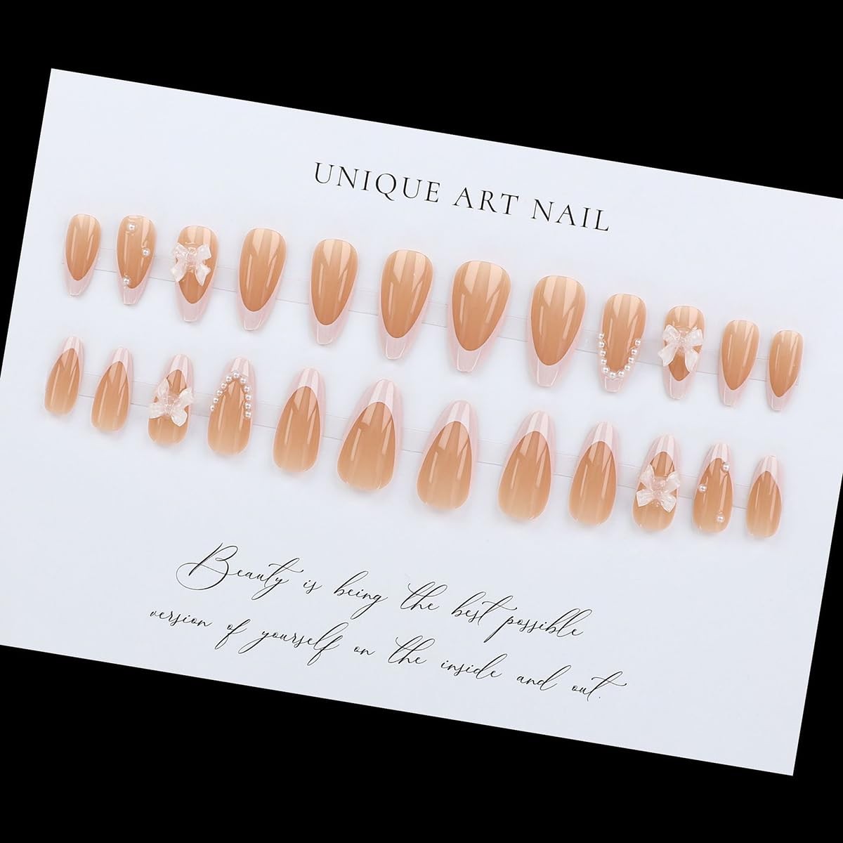 White French Tip Press on Nails Medium Almond Fake Nails with 3D Bow Pearl De…