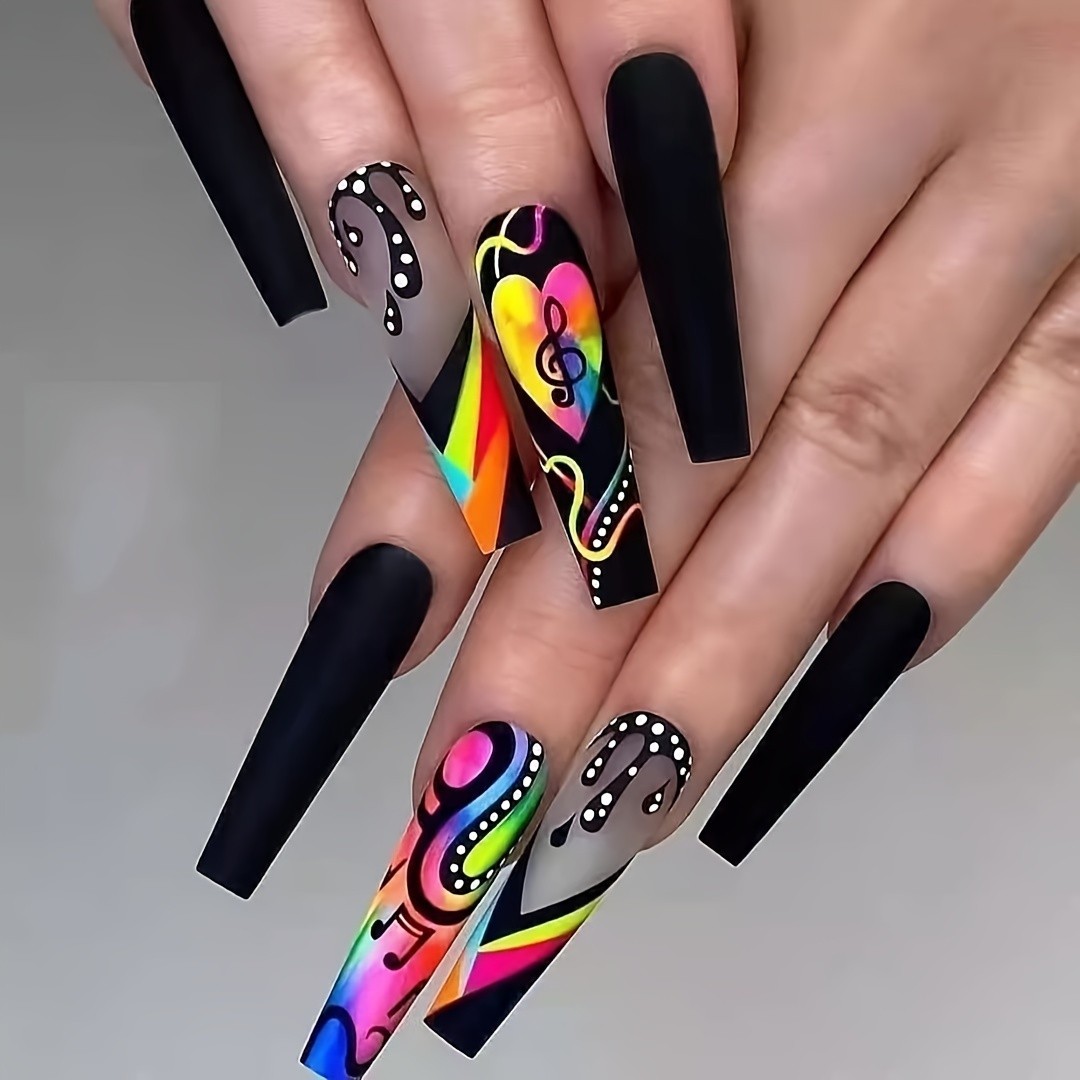 120pcs Bold Colorful Cartoon Press On Nails Eye Rainbow Long Coffin Fake Nails