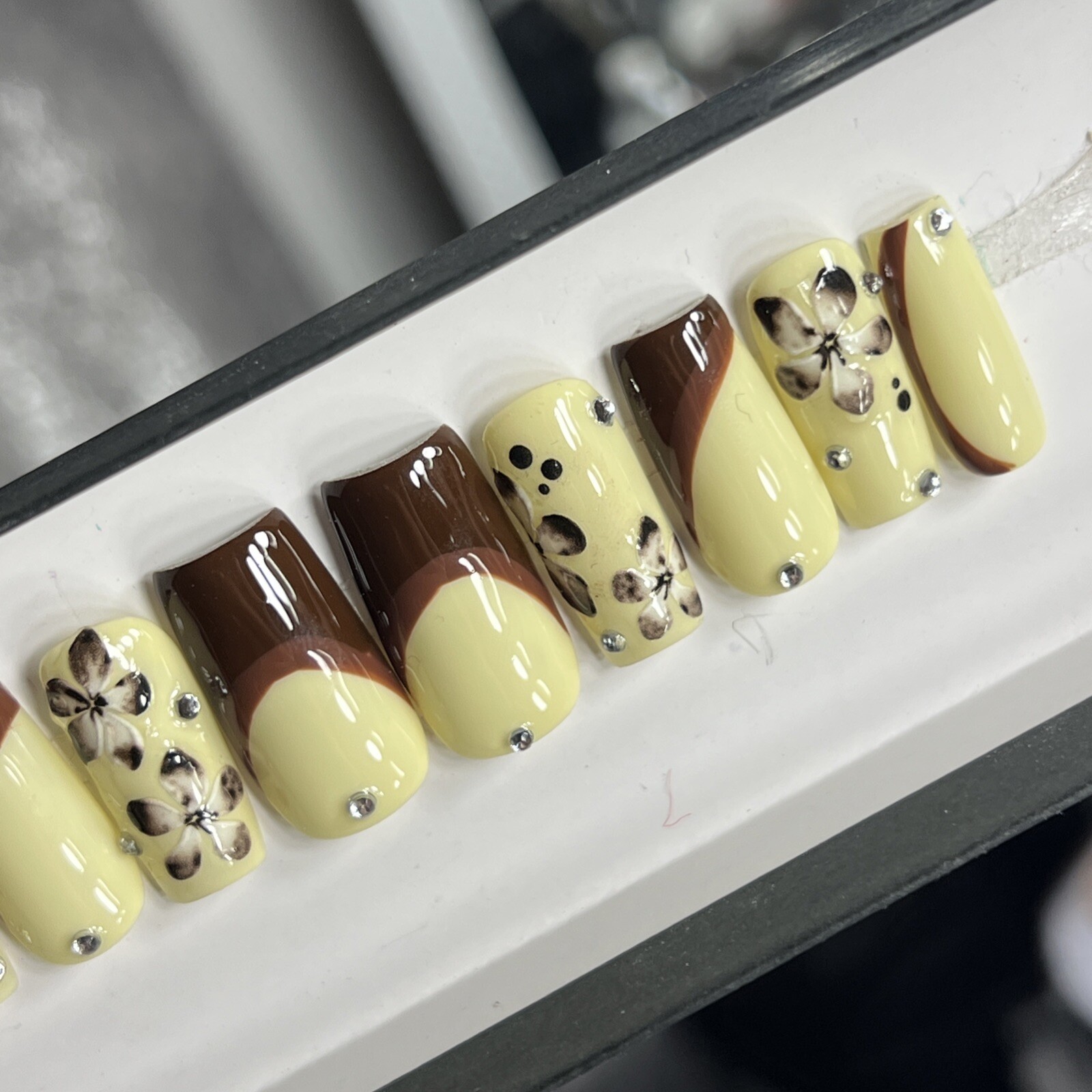 🤍 CUSTOM Hard Gel Press On Nails, French Flower Brown BLING 10p FULL SET W Kit
