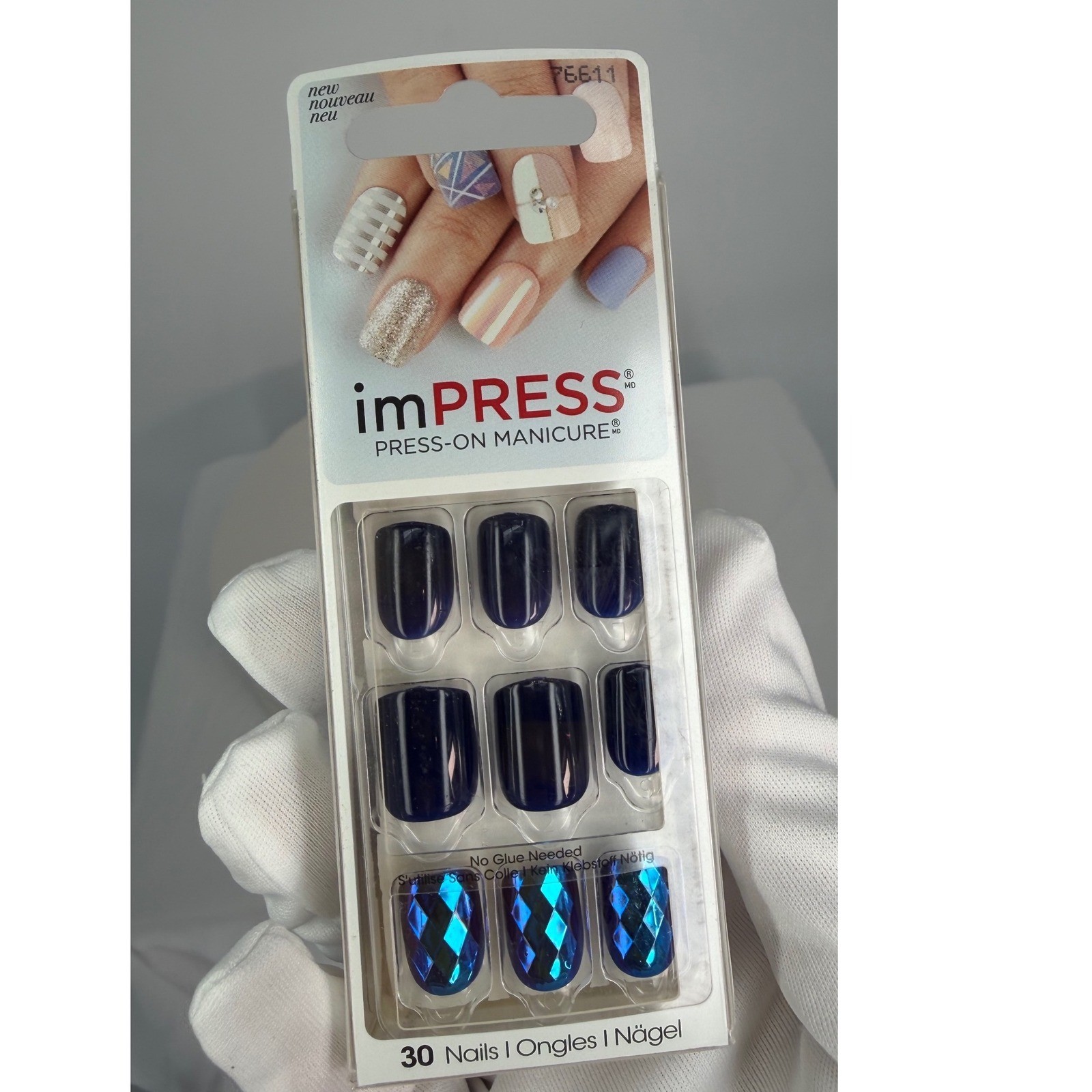 impress Press On Manicure 30 Nails Dark Blue Diamond Accent Short Square 94-22