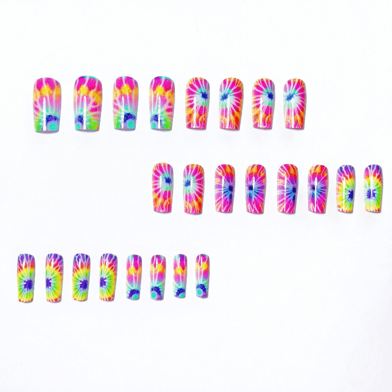48P Medium Coffin Press on Nails, Rainbow Tie Dye Swirl Colorful Fake Nails