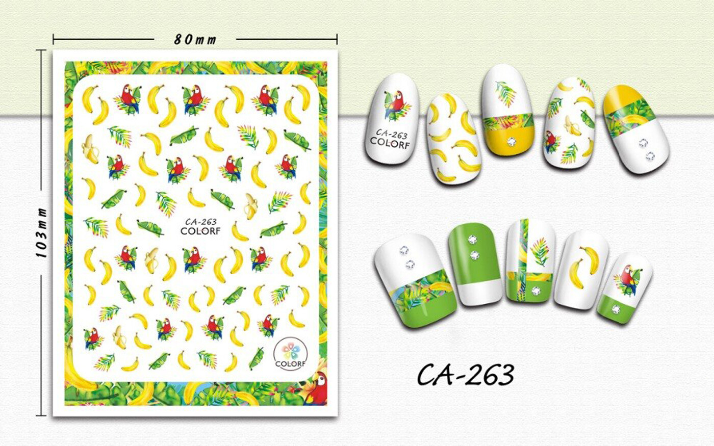 Nail art 3D stickers decal yellow bananas green leaves parrots CA263