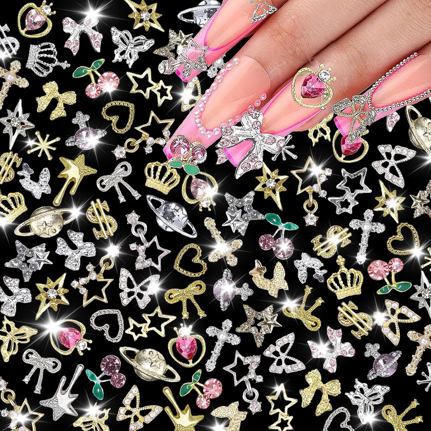 120 Pcs Silver Gold Nail Charms 3D Butterfly Cherry Star Bow Cross Planet Crown