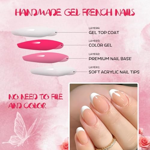 French Tip Press on Nails Short Oval Fake Nails, 120pcs Pale Pink & White