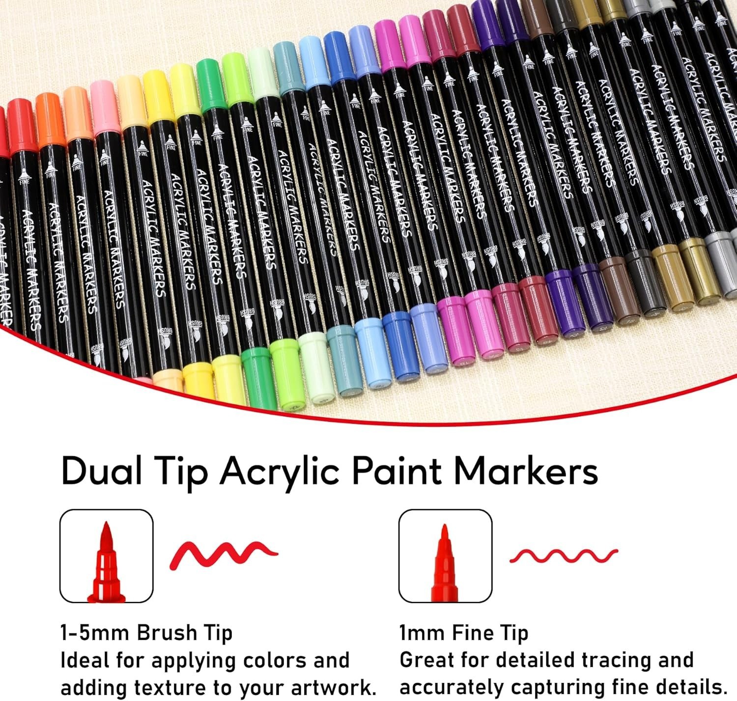 30 Colors Acrylic Paint Markers, Dual Tip Fine and Brush Tips for Detailed Art