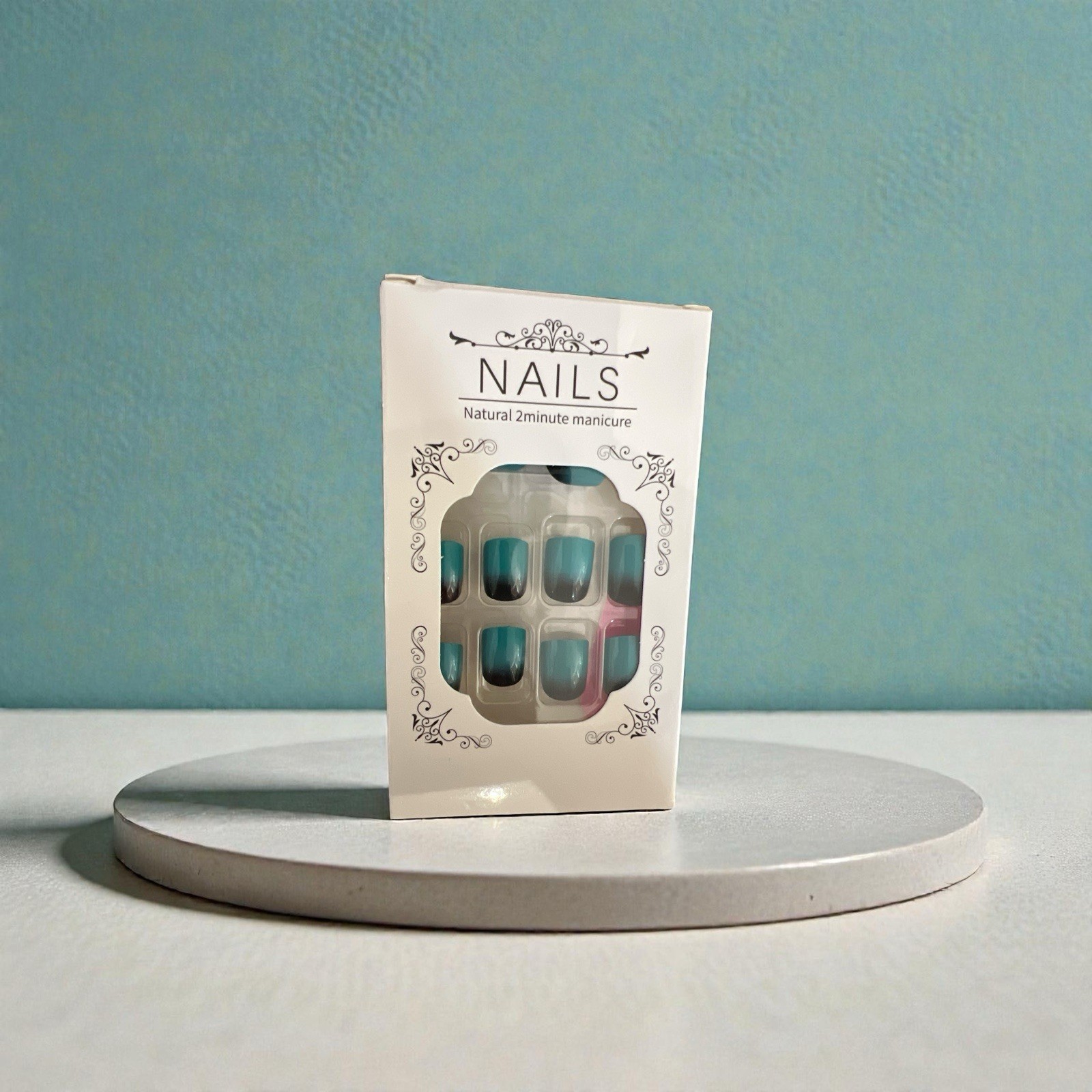 Teal Blue Ombre Press On Nails Short Square Gradient Fake Nails Glossy 24pc Set