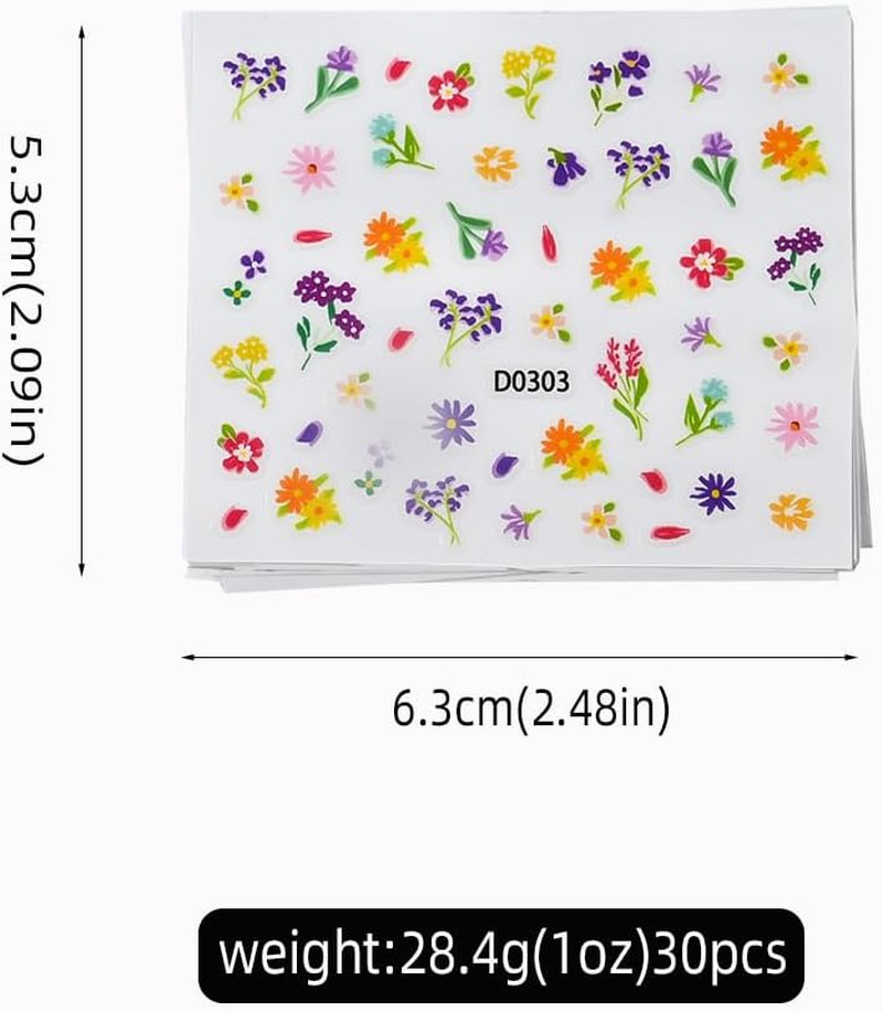 30 Sheets Flower Nail Stickers for Nail Art, 3D Self-Adhesive Wildflower Nail De