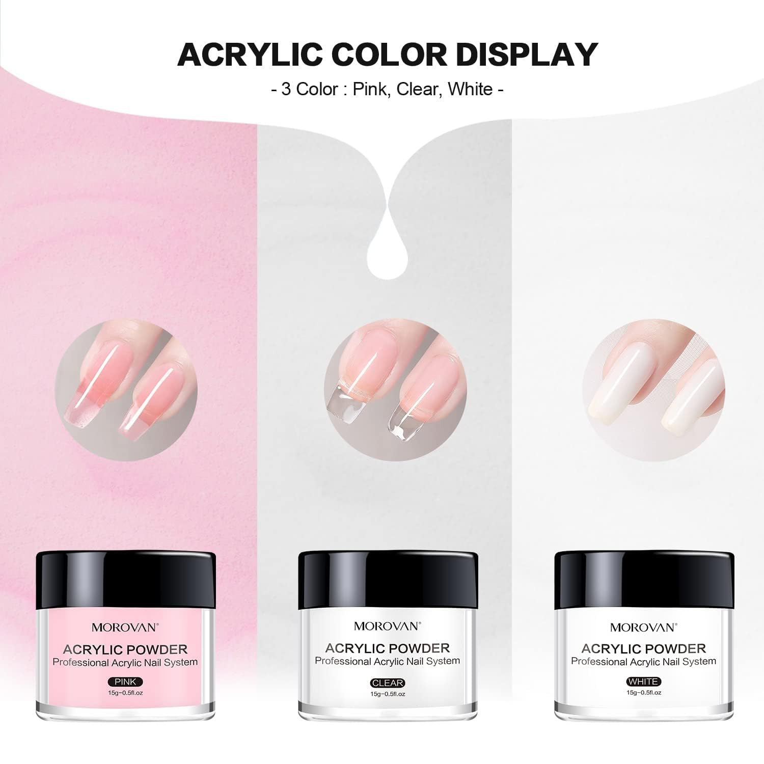 Acrylic Nail Kit: Clear Pink White Acrylic Powder and Professional Liquid Set fo