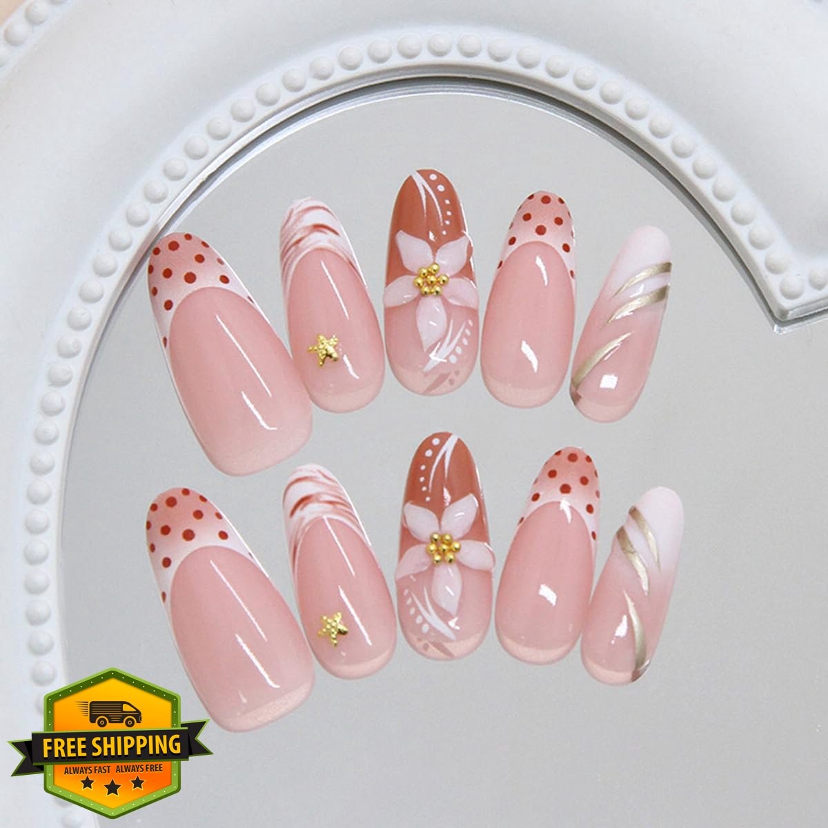 OSTTMA Brown 3D Flower Almond Press on Nails flower-2