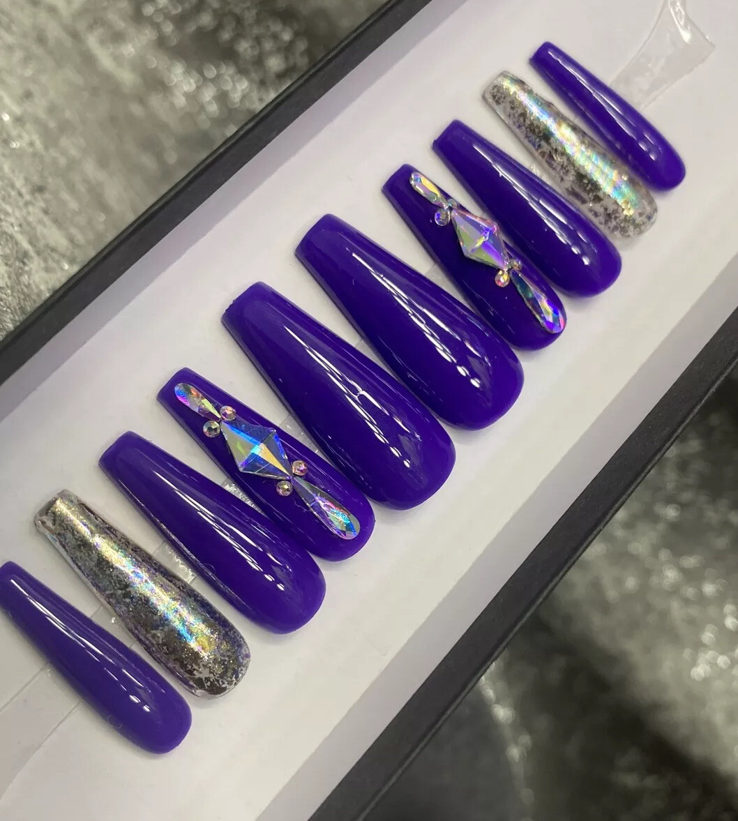 Luxury Gel Press On Nails,Marine W Bling , Long Coffin, 10p Nail Set W/ kit