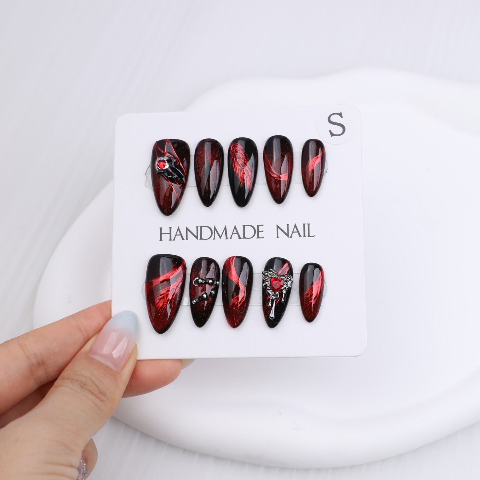 Press On Nails Medium Almond Black Red Cat Eye Rhinestone Gothic Halloween Nails
