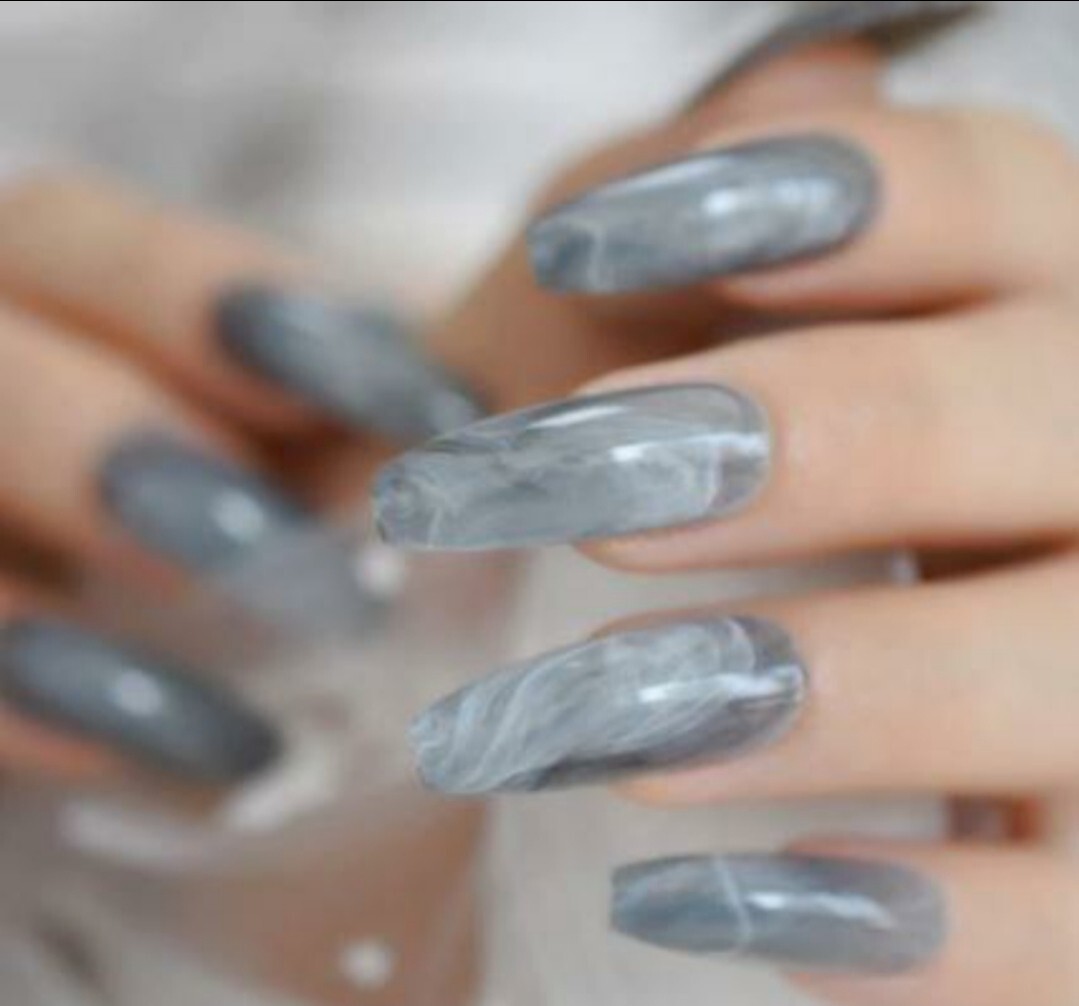 24 Blue Gray marble Press On Nails kit glue on Gray smoky art extra long coffin