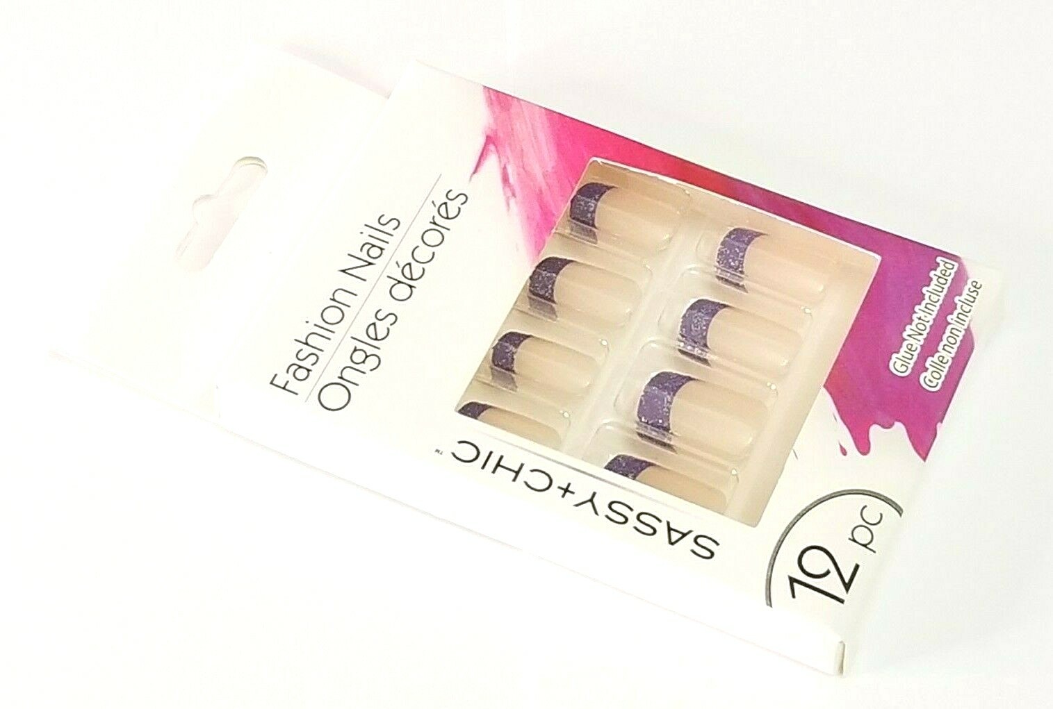 SASSY + CHIC™ FASHION NAILS 12 PIECES FUN & EASY TO APPLY NATURAL PURPLE GLITTER