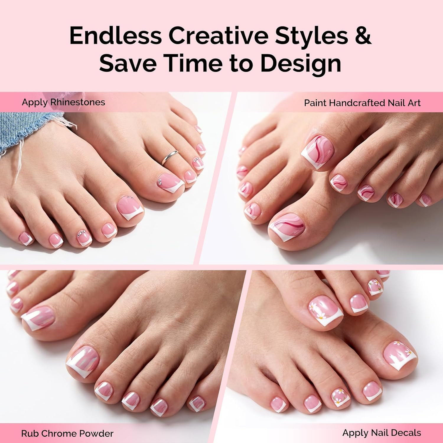French Tips Square Press on Toenails,300Pcs 15 Sizes | Pre-Designed High Gloss X