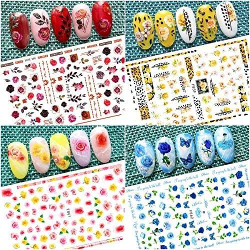 8 Sheets Flower Nail Art Stickers 3D Rose Nail Decals Self Adhesive Spring