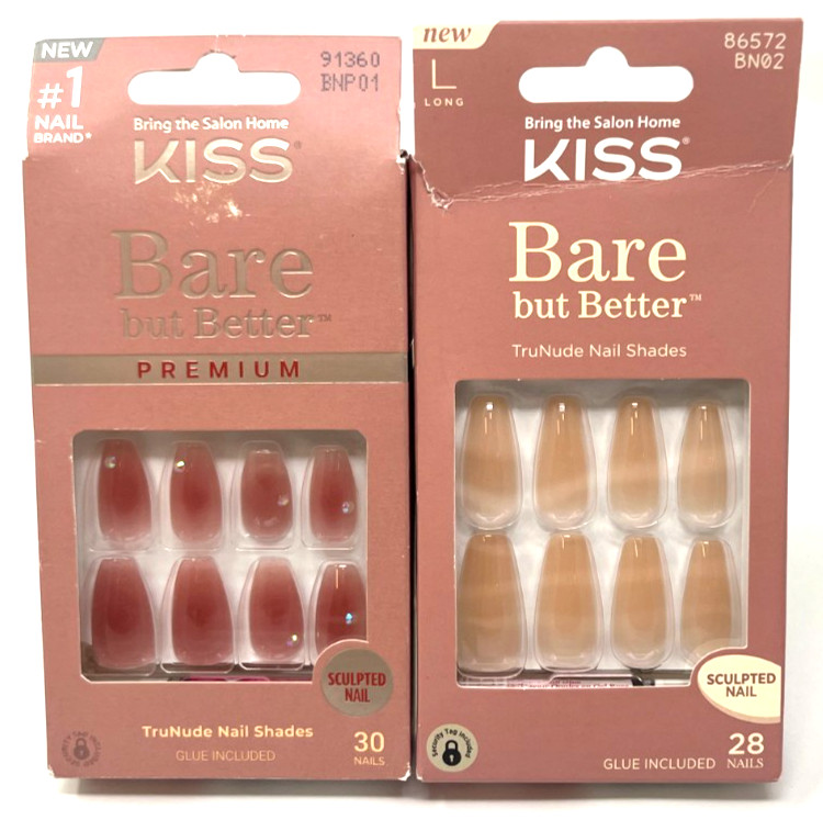 (2) Kiss Bare But Better Premium Nails New In Packaging Unique Styles No Repeats