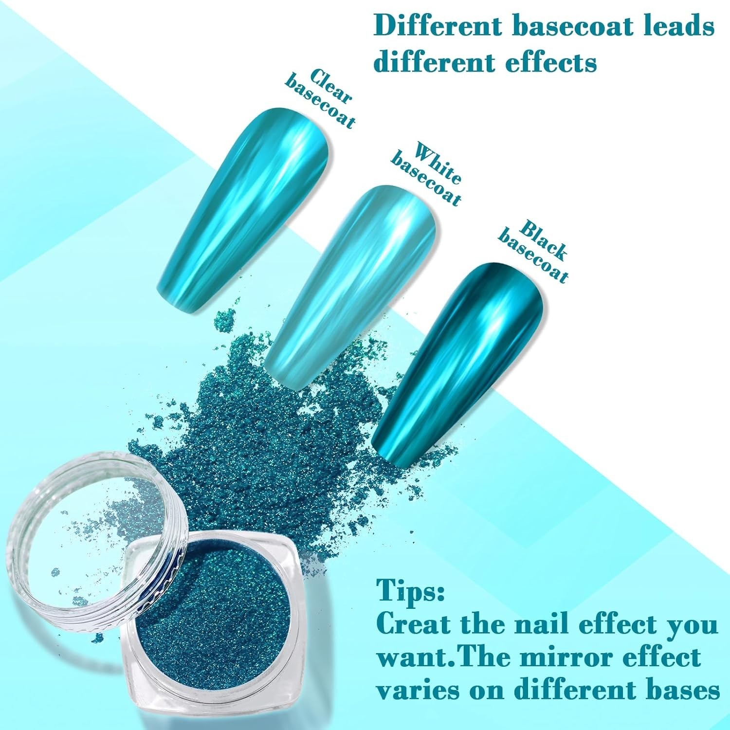 High-Pigmented Lake Blue Chrome Nail Powder with Eyeshadow Stick for Easy Art