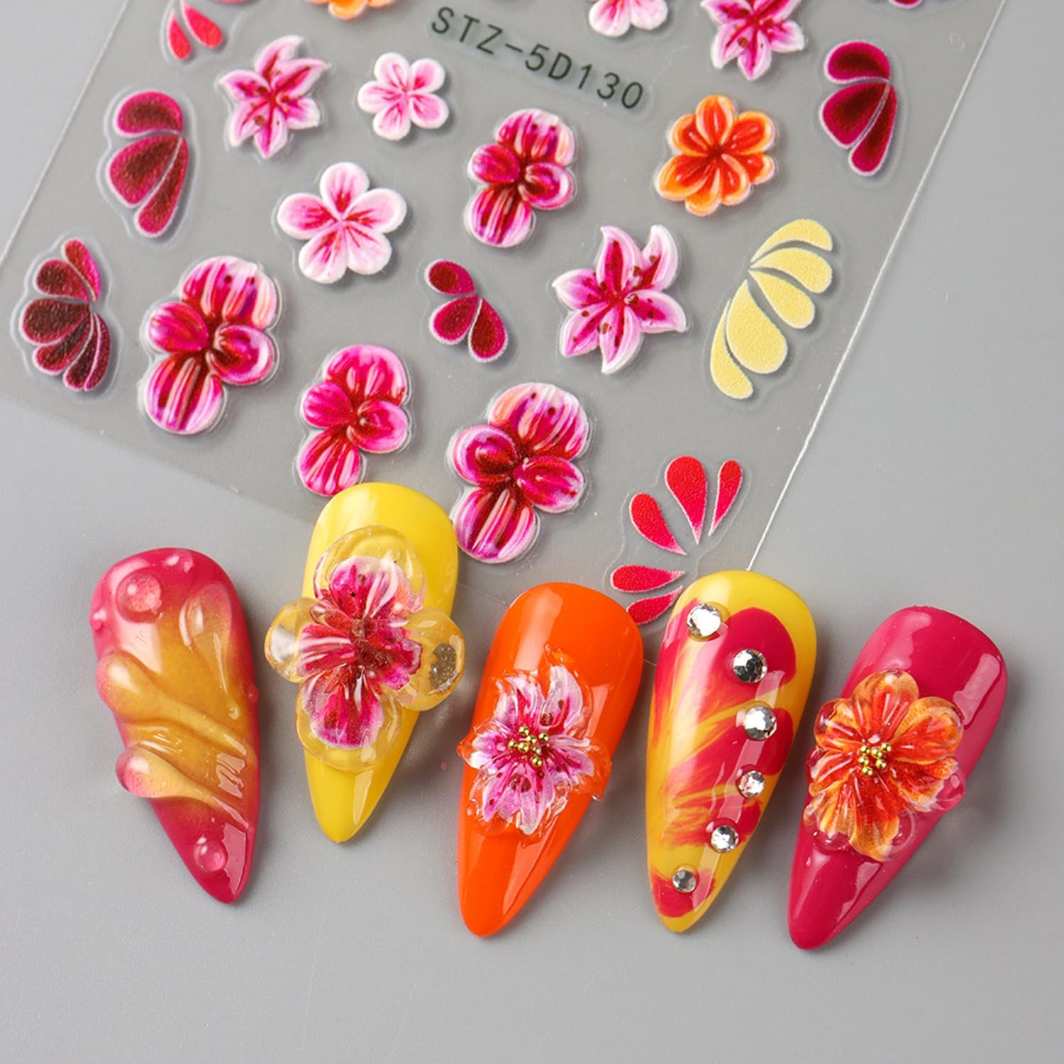 3PCS 5D Embossed Flowers Nail Stickers Colorful Floral Petals Designs Nail Art S