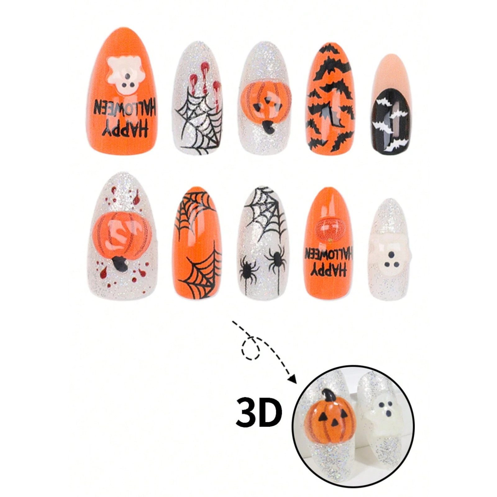 10pcs Halloween Press On Nails For Women & Girls 3D Nail Extenders Haloween Gift