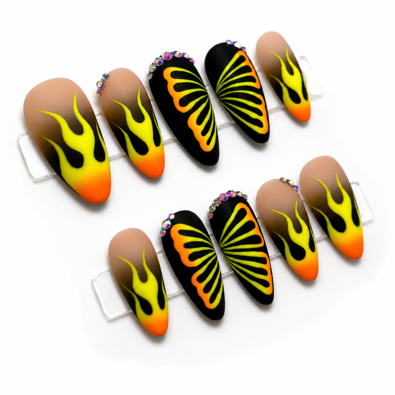 Handmade Neon Flame Butterfly Press On Nails Black Green Almond Set