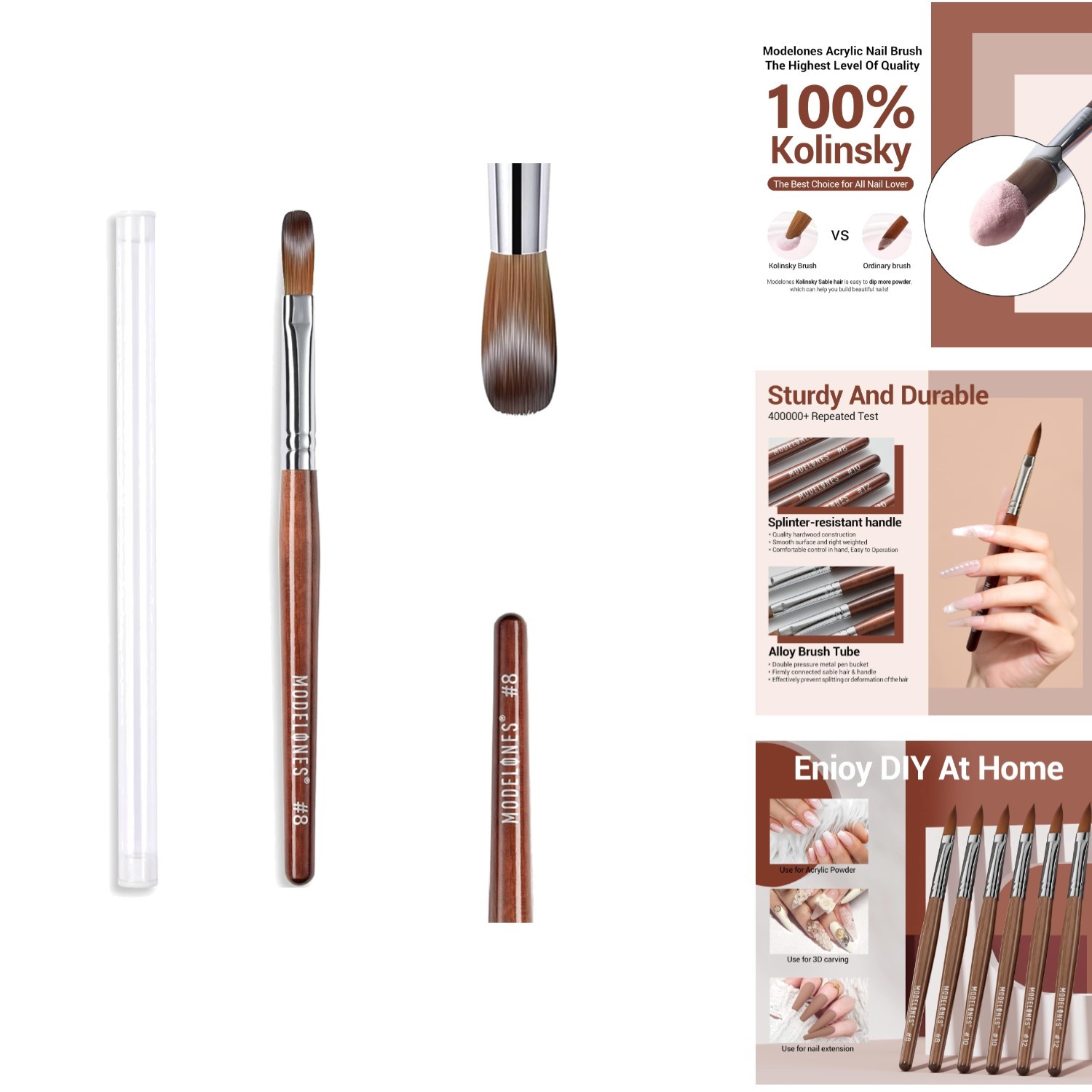 Acrylic Nail Brush 100% Pure Kolinsky Hair Bristles Oval Crimped Wooden Handle