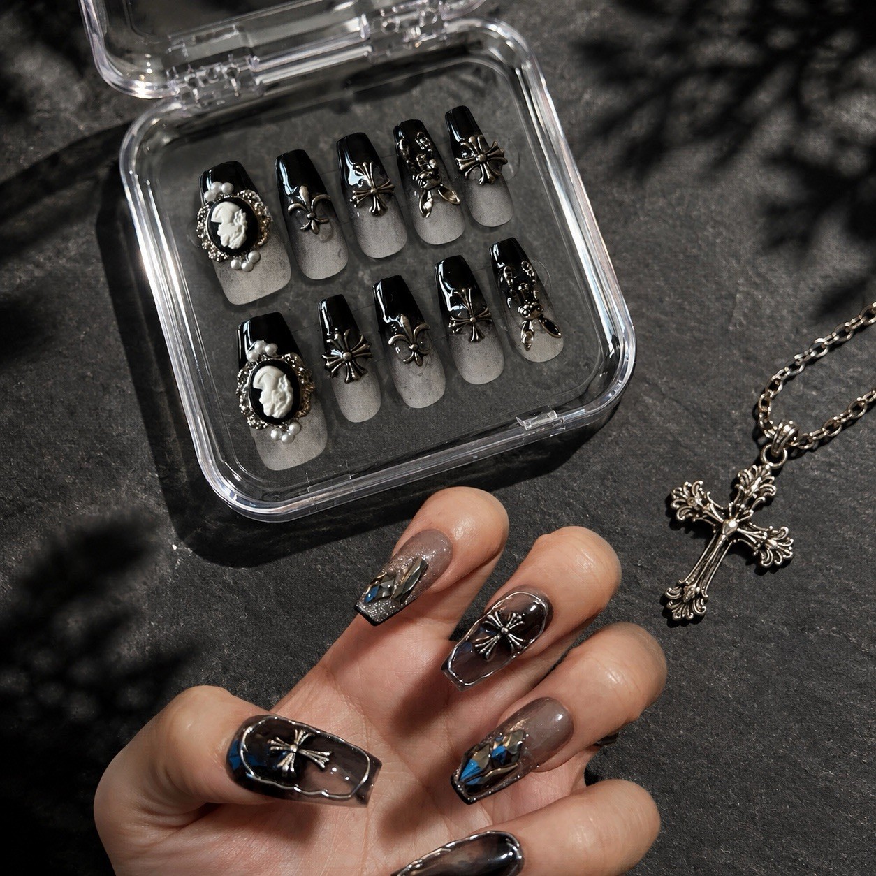 Press-On Nails Long Coffin Black & Gray 3D Full Cover Pre-Designed Gothic