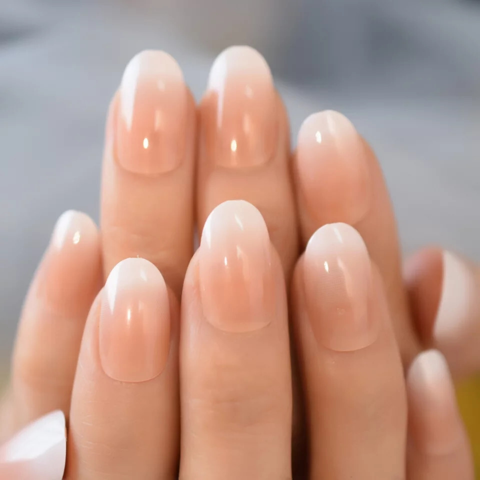 24 Medium Press on Nails kit glue on ombre french almond white nude