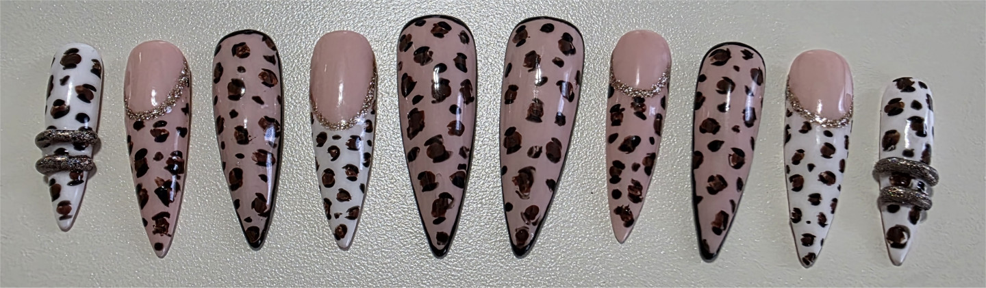 10 Pcs Press On Nails Custom Gel Pink Nude Leopard Print Full Set Long Nail +Kit