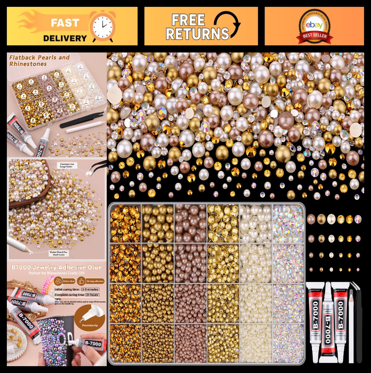 Mixed Size Flatback Pearls & Rhinestones Kit for Crafting, Nail Art, DIY Decor