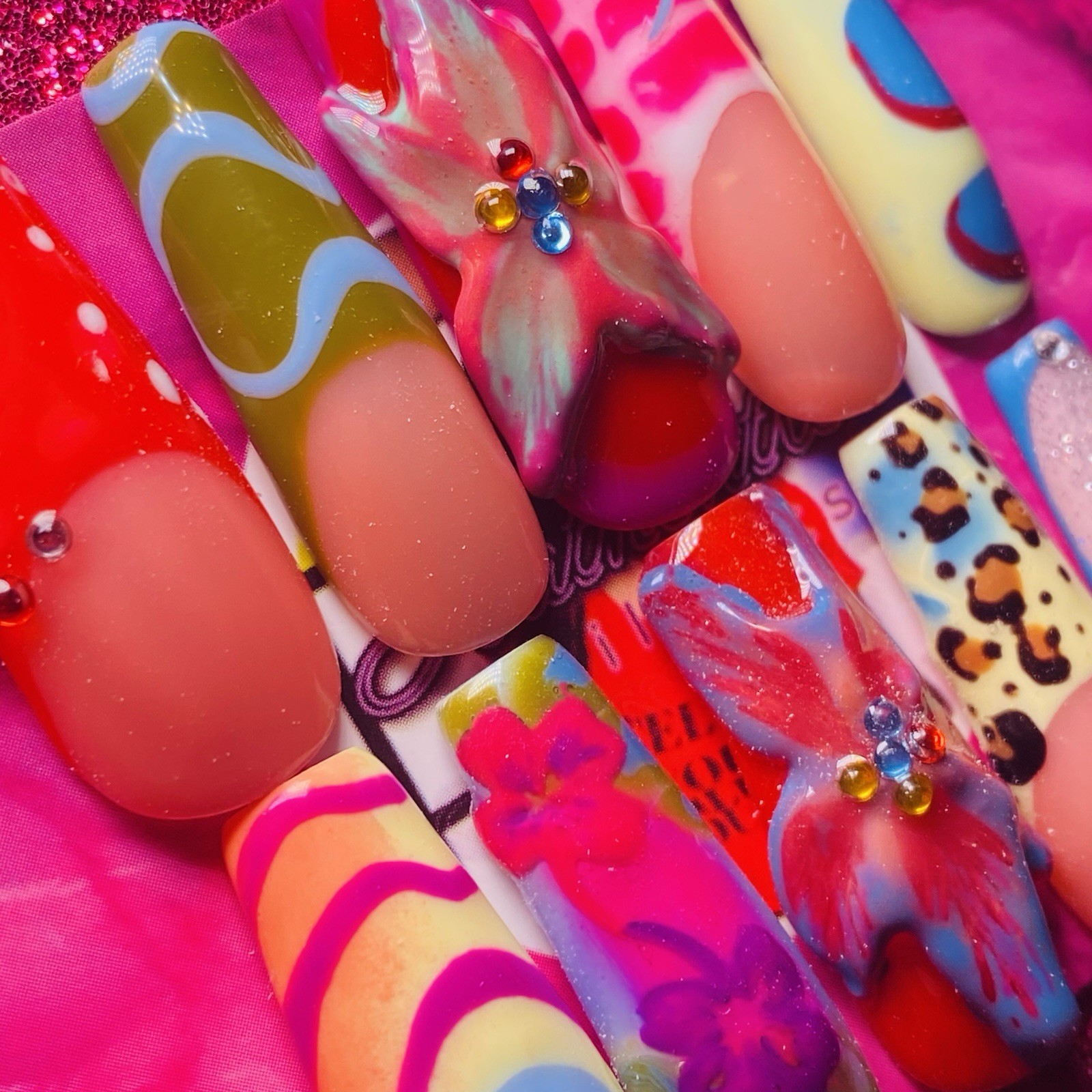 Authentic Nail Arts by Dia Long Coffin Press-On Nails Multicolor 3D Shiny